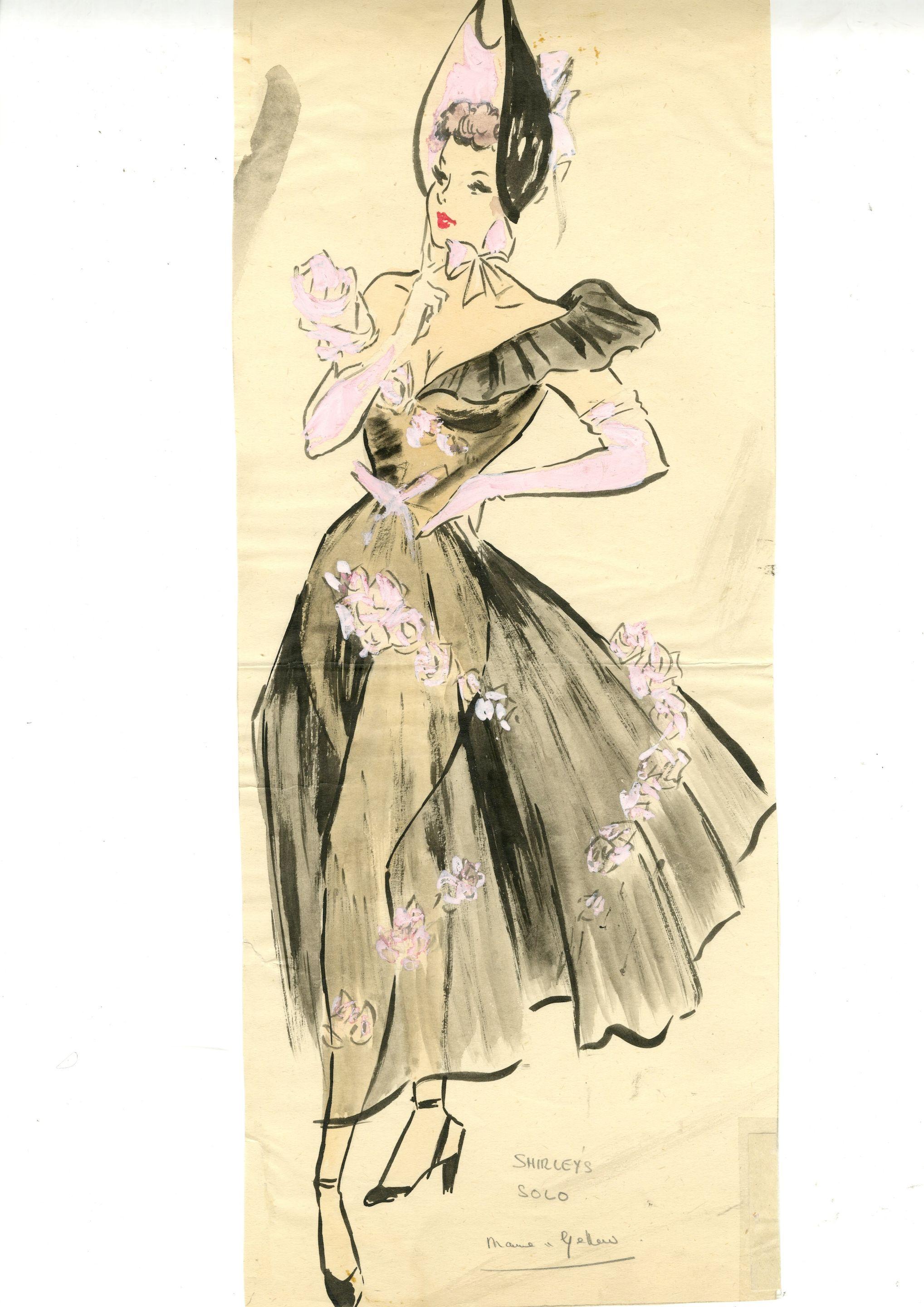 Ronald Cobb - A large original costume design of a Murray\'s Cabaret Club showgirl in a black dress and hat