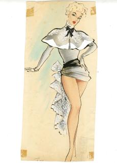 Ronald Cobb - A large original costume design of a Murray\'s Cabaret Club showgirl in a grey dress with cape