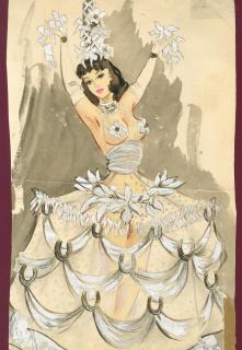 Ronald Cobb - A large original costume design of a Murray\'s Cabaret Club showgirl in a silver hoop-skirt