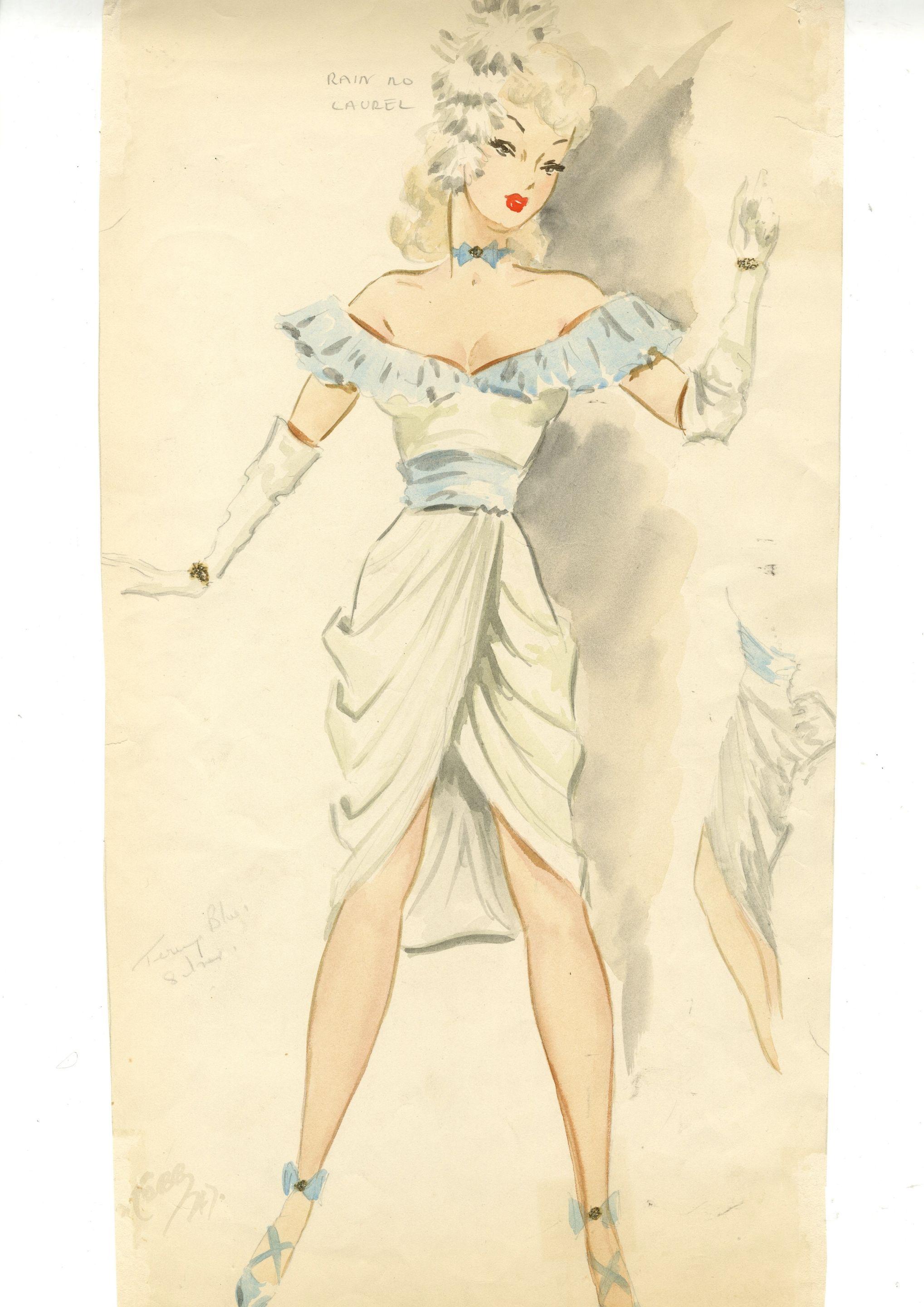 Ronald Cobb - A large signed original costume design of a Murray\'s Cabaret Club showgirl in a blue and white dress