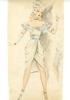 Ronald Cobb - A large signed original costume design of a Murray\'s Cabaret Club showgirl in a blue and white dress
