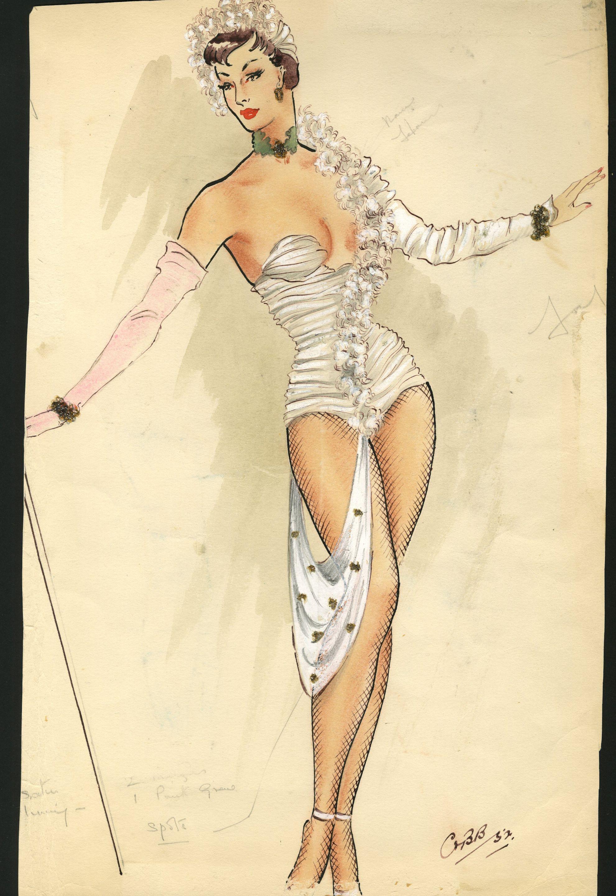 Ronald Cobb - A signed original costume design for a Murray\'s Cabaret Club showgirl in a white corset