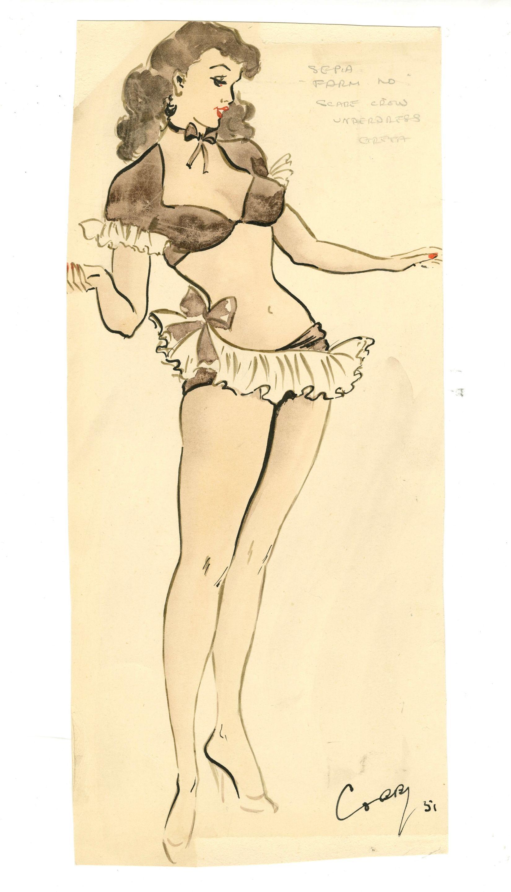 Ronald Cobb - A signed original costume design of a Murray\'s Cabaret club showgirl in a brown and white ensemble,