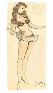 Ronald Cobb - A signed original costume design of a Murray\'s Cabaret club showgirl in a brown and white ensemble,