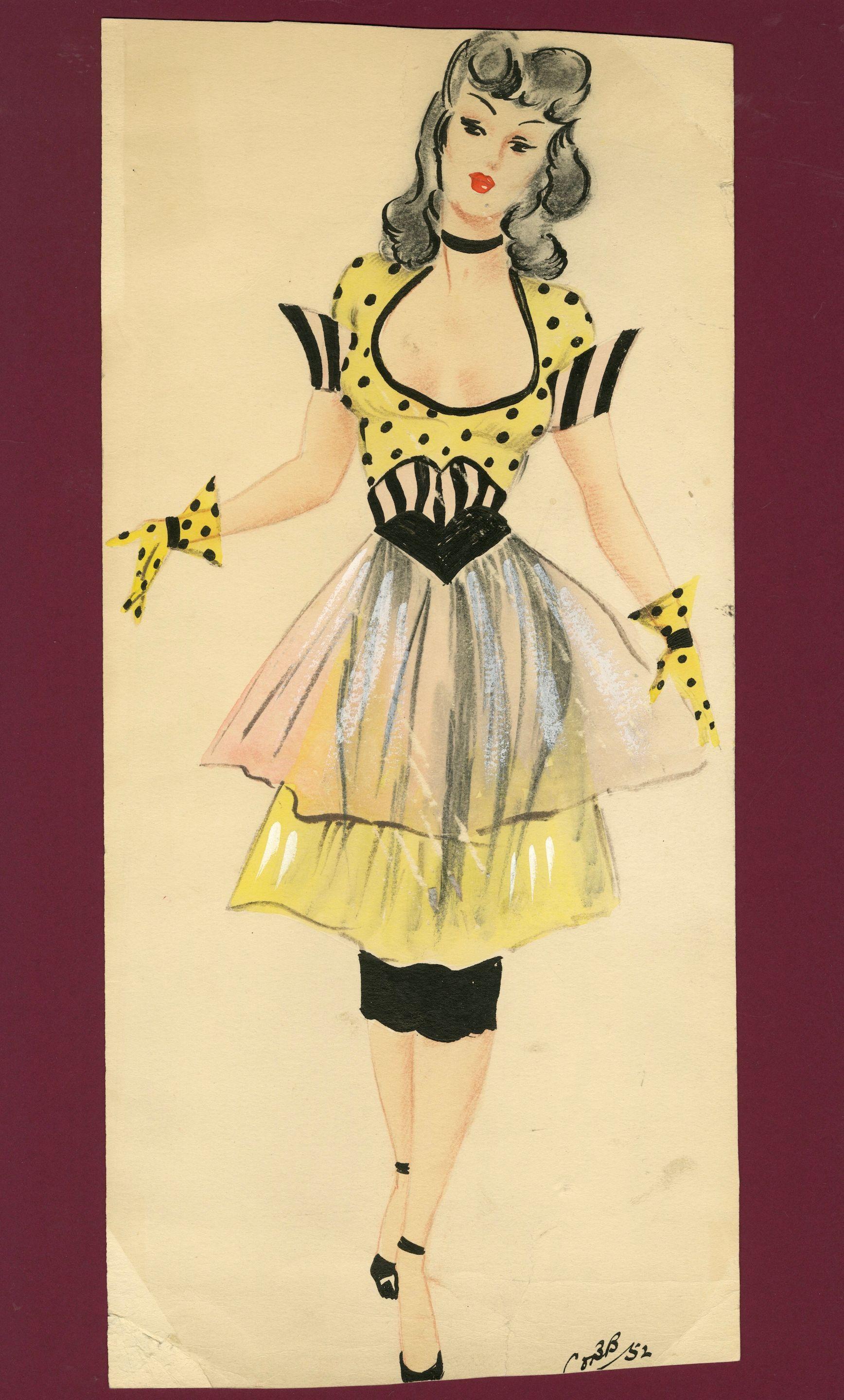 Ronald Cobb - A signed original costume design of a Murray\'s Cabaret Club showgirl in a yellow and black dress