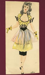 Ronald Cobb - A signed original costume design of a Murray\'s Cabaret Club showgirl in a yellow and black dress