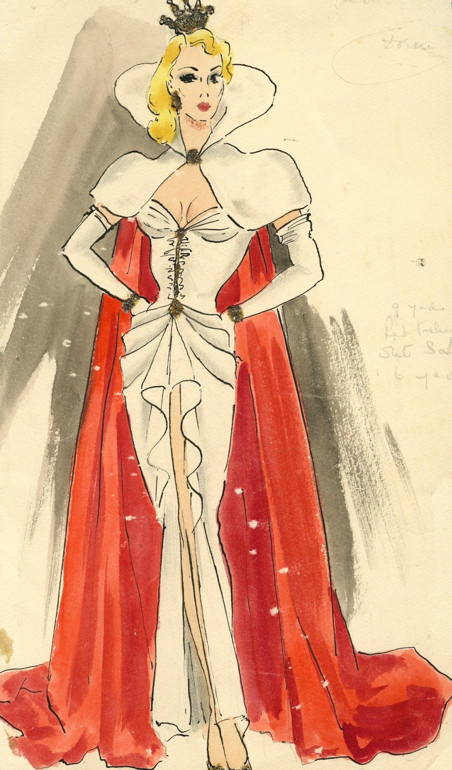 Ronald Cobb - An original costume design of a Murray\'s Cabaret Club showgirl in a white dress with red cape