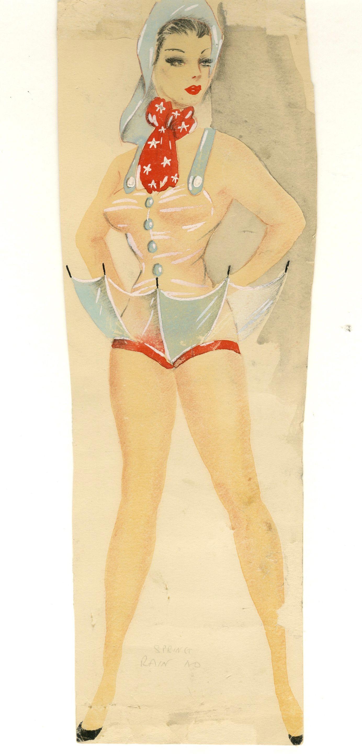 Ronald Cobb - An original costume design of a Murray\'s Cabaret Club showgirl in an umbrella skirt