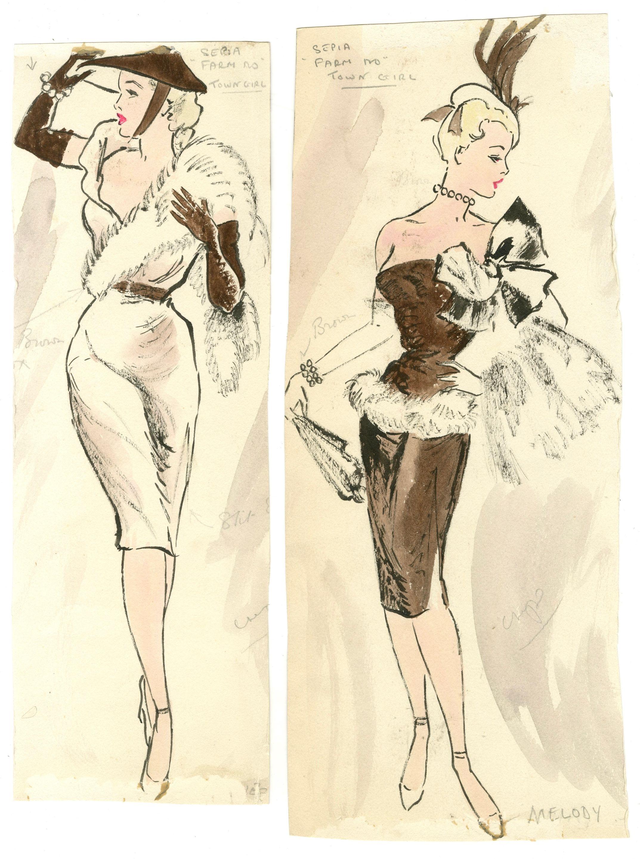 Ronald Cobb - Two original costume designs for Murray\'s Cabaret Club showgirls dressed as \'Town Girls\'