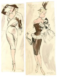 Ronald Cobb - Two original costume designs for Murray\'s Cabaret Club showgirls dressed as \'Town Girls\'
