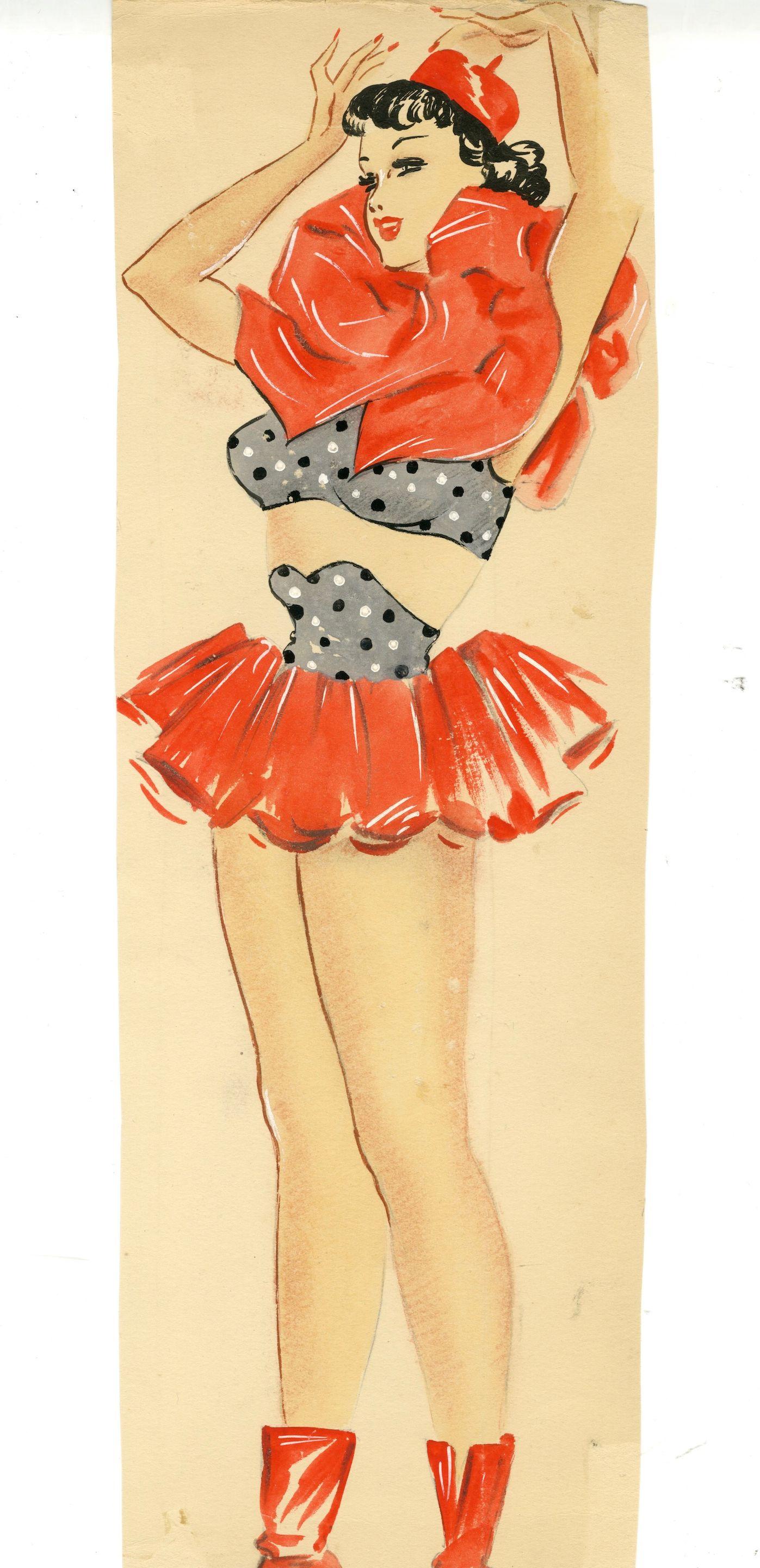 Ronald Cobb - Two original costume designs for Murray\'s Cabaret Club showgirls in red and black bell-girl outfits