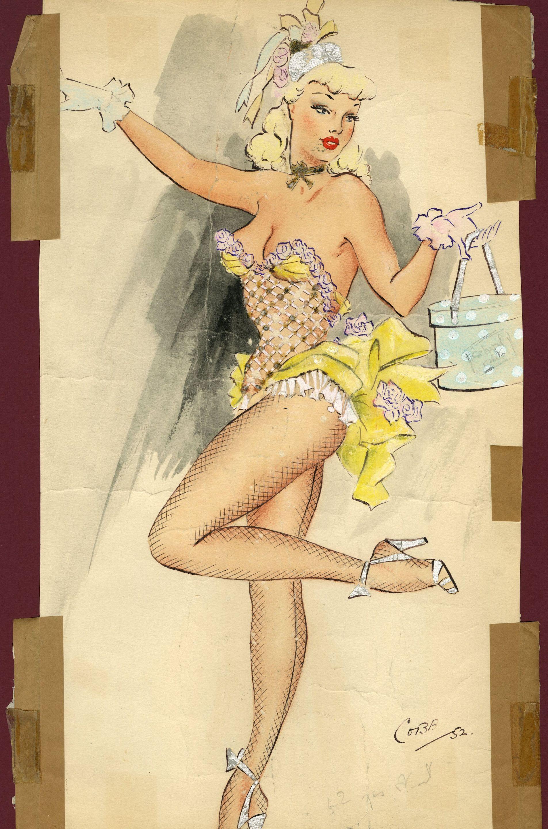 Ronald Cobb - Two original costume designs for Murray\'s Cabaret Club showgirls in yellow dresses