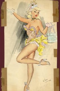 Ronald Cobb - Two original costume designs for Murray\'s Cabaret Club showgirls in yellow dresses