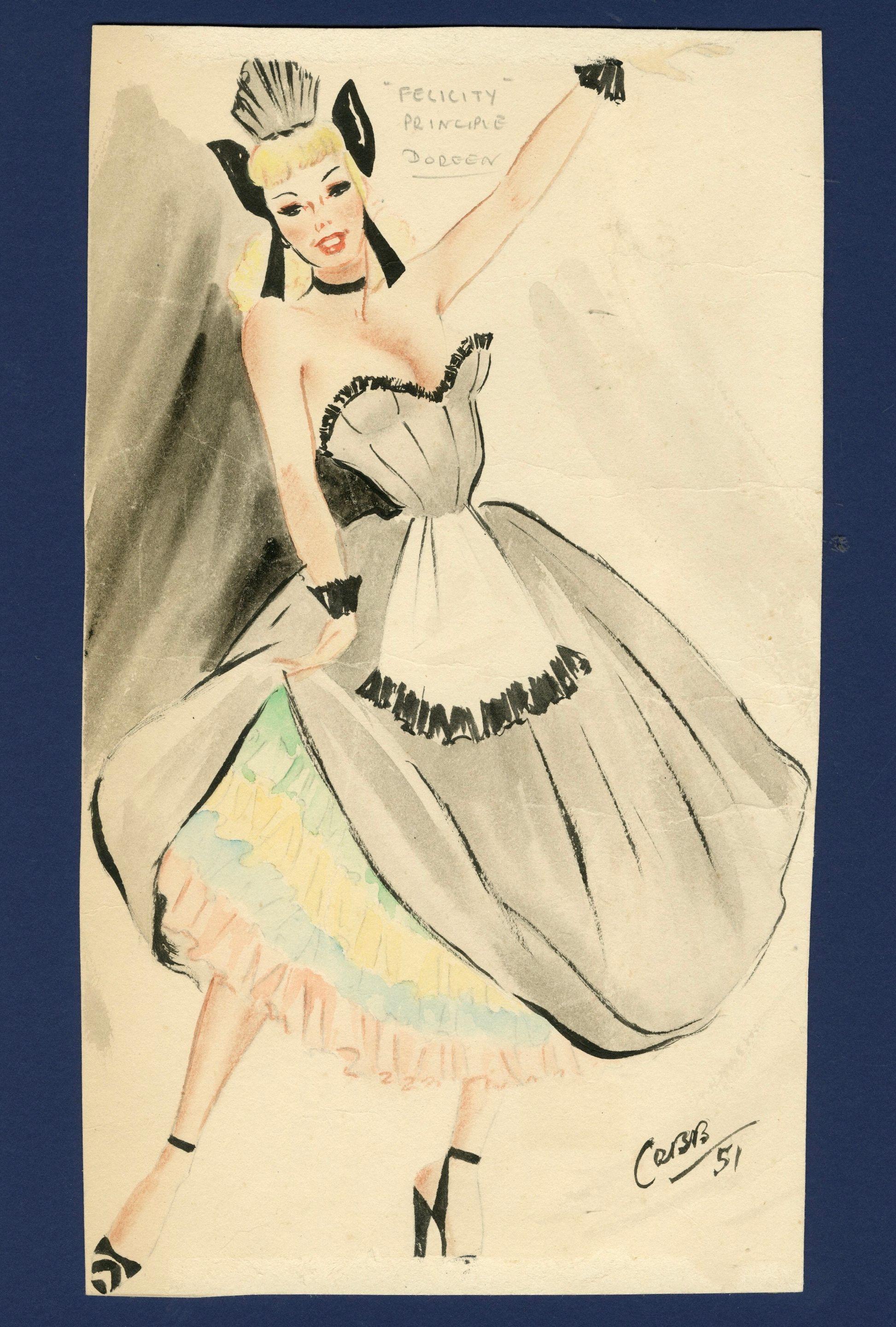 Ronald Cobb - Two original costume designs of Murray\'s Cabaret Club showgirl \'Doreen\' in pink and black dresses