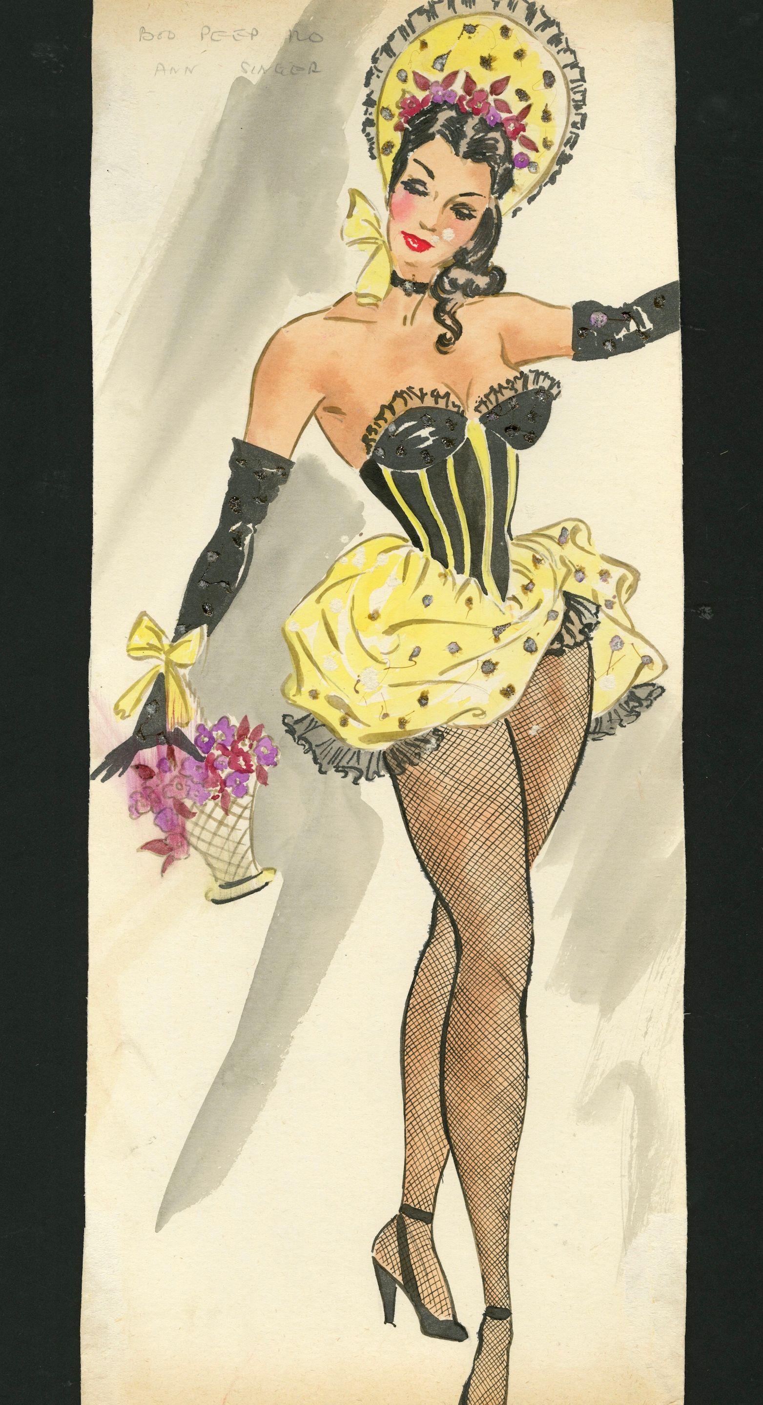 Ronald Cobb - Two original costume designs of Murray\'s Cabaret Club showgirls in black and yellow ensembles