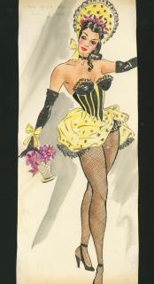 Ronald Cobb - Two original costume designs of Murray\'s Cabaret Club showgirls in black and yellow ensembles