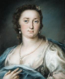 Rosalba Carriera - Portrait of a lady, bust-length, in a silver dress with a blue shawl