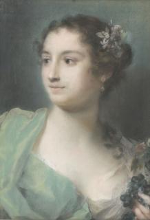 Rosalba Carriera - Portrait of a lady, bust-length, looking to the right, holding grapes (An allegory of Autumn)