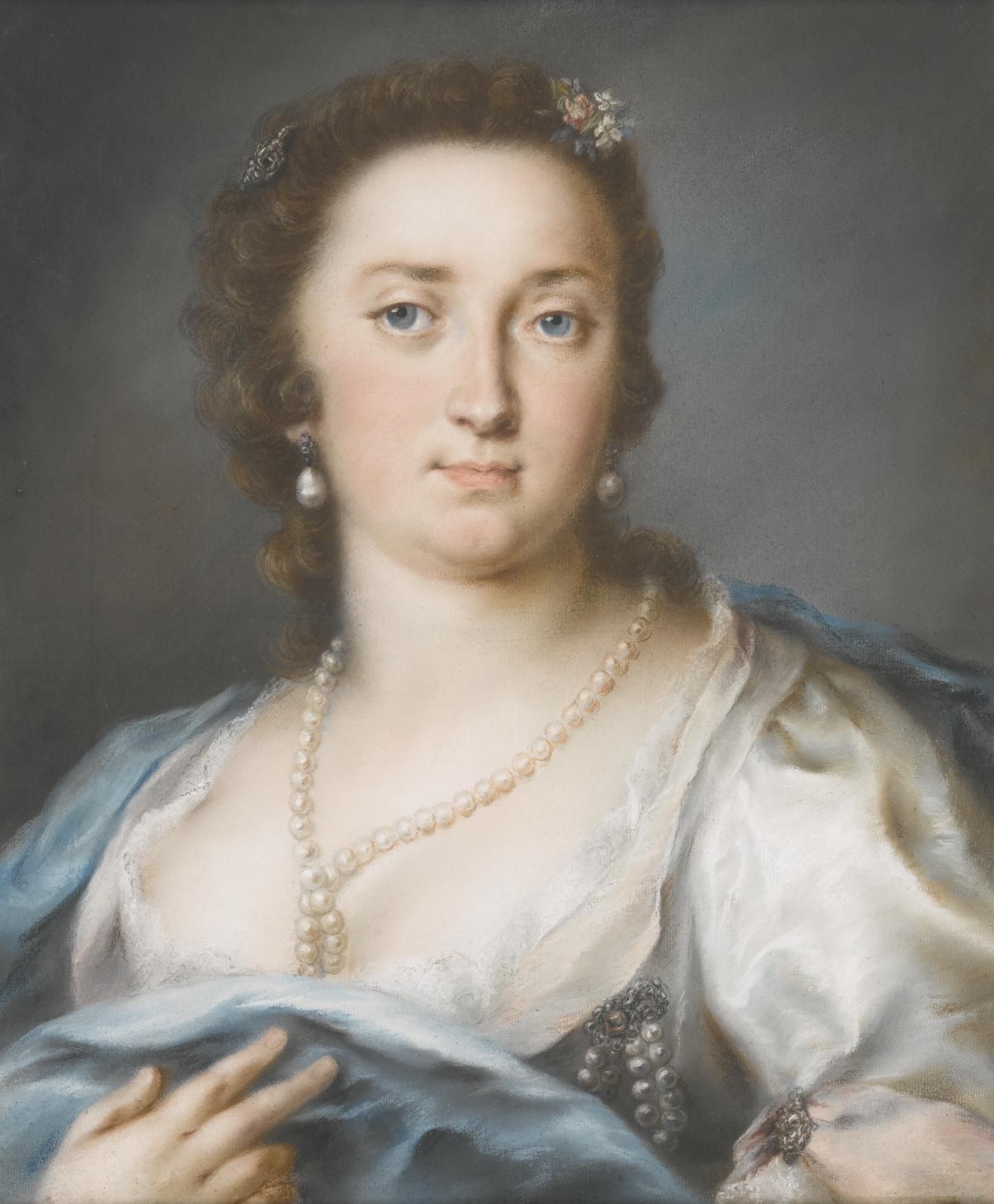 Rosalba Carriera - Portrait Of A Lady In A Silver Dress With A Blue Shawl