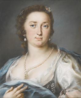 Rosalba Carriera - Portrait Of A Lady In A Silver Dress With A Blue Shawl
