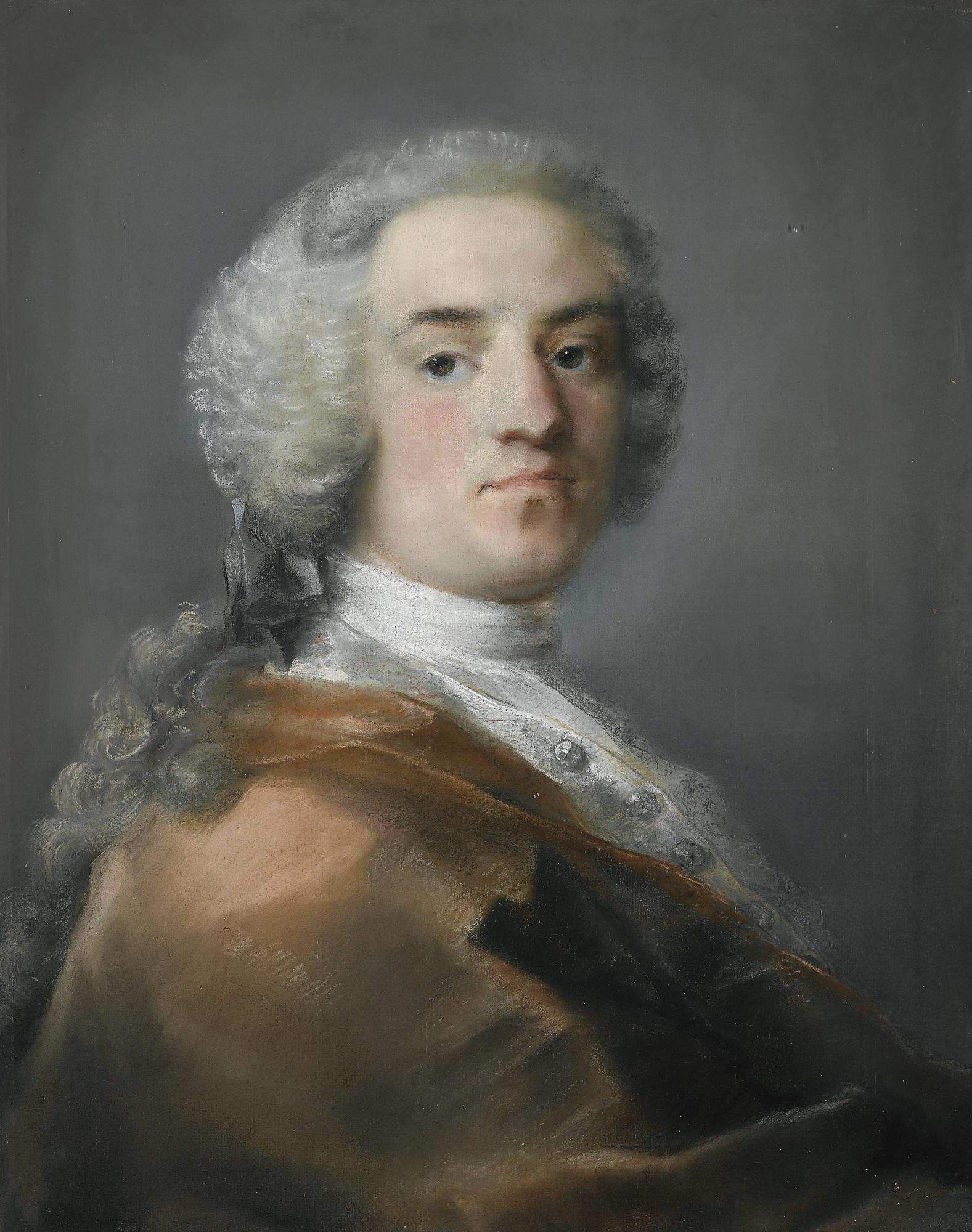Rosalba Carriera - Portrait Of A Man Wearing A Golden-Brown Silk Mantle Over A Silver Waistcoat