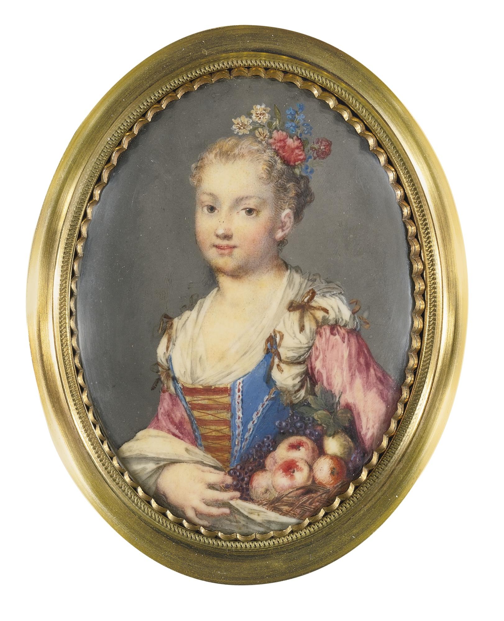 Rosalba Carriera - Portrait Of A Young Lady, Half-Length, Holding A Basket Of Fruit And With Flowers Adorning Her Hair