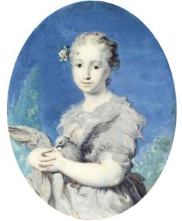 Rosalba Carriera - Self Portrait As \'Innocence\', Holding A Dove In Her Arms, Grey Dress With Red Lined Grey Stole, White Flower And Foliage In Her Swept Back, Fair, Curling Hair