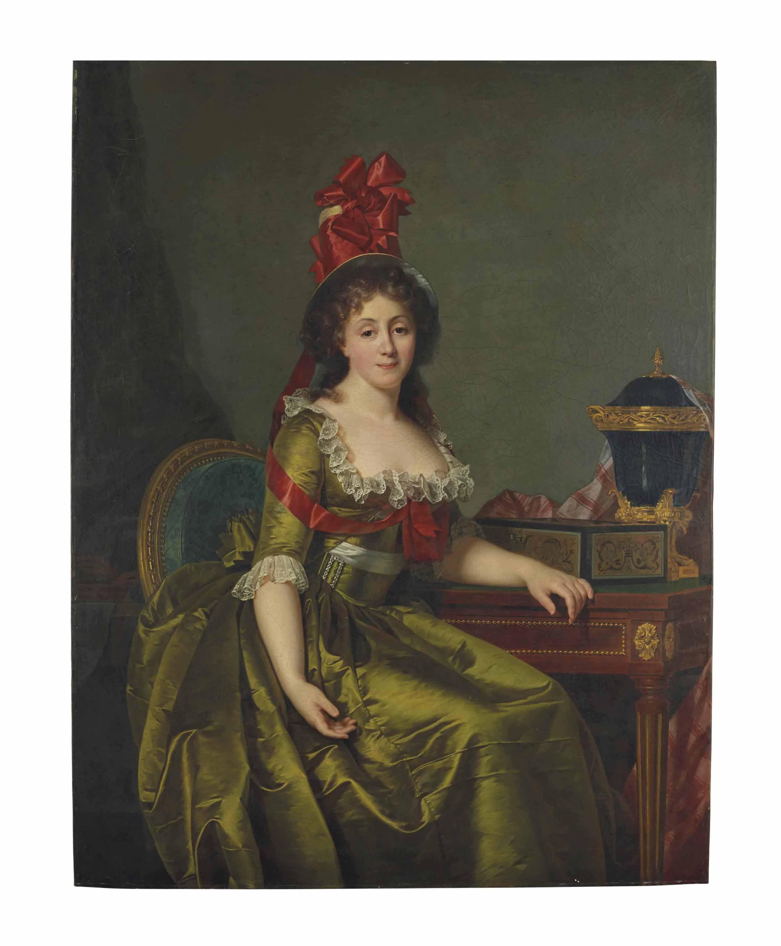 Rose-Adelaïde Ducreux - Portrait Of A Lady, Seated, Three-Quarter-Length, In A Green Satin Dress And A Bonnet With Red Ribbons