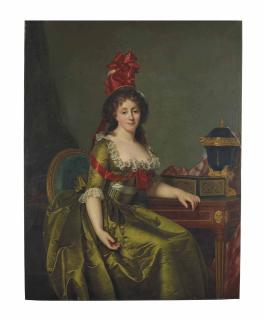 Rose-Adelaïde Ducreux - Portrait Of A Lady, Seated, Three-Quarter-Length, In A Green Satin Dress And A Bonnet With Red Ribbons