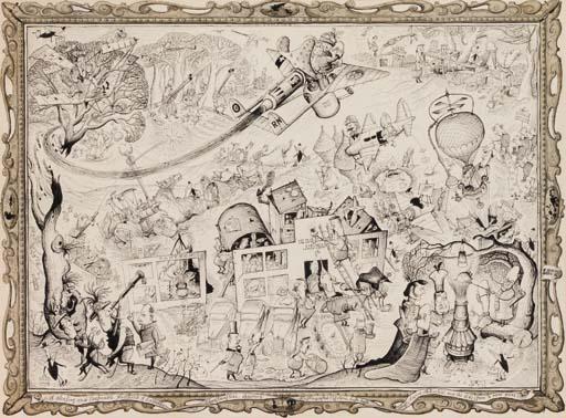 Rowland Emett - A Pleasing and seasonable prospect of Hatfield at Christmastide, shewing distinguished persons, hush-hush craft, divers activities and the like