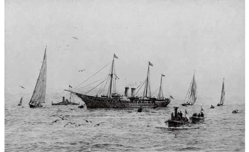 Rowland Langmaid - The Royal yacht Victoria and Albert (III) at Cowes, the guardship beyond