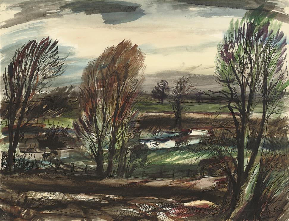 Rowland Suddaby - Landscape at Kedington, Suffolk; Study of a nude woman; A nude woman drying herself; and Boats moored in the harbour