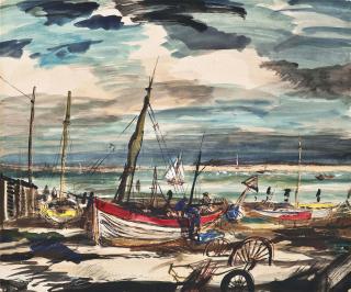 Rowland Suddaby - Oyster boats at low tide on the Colne