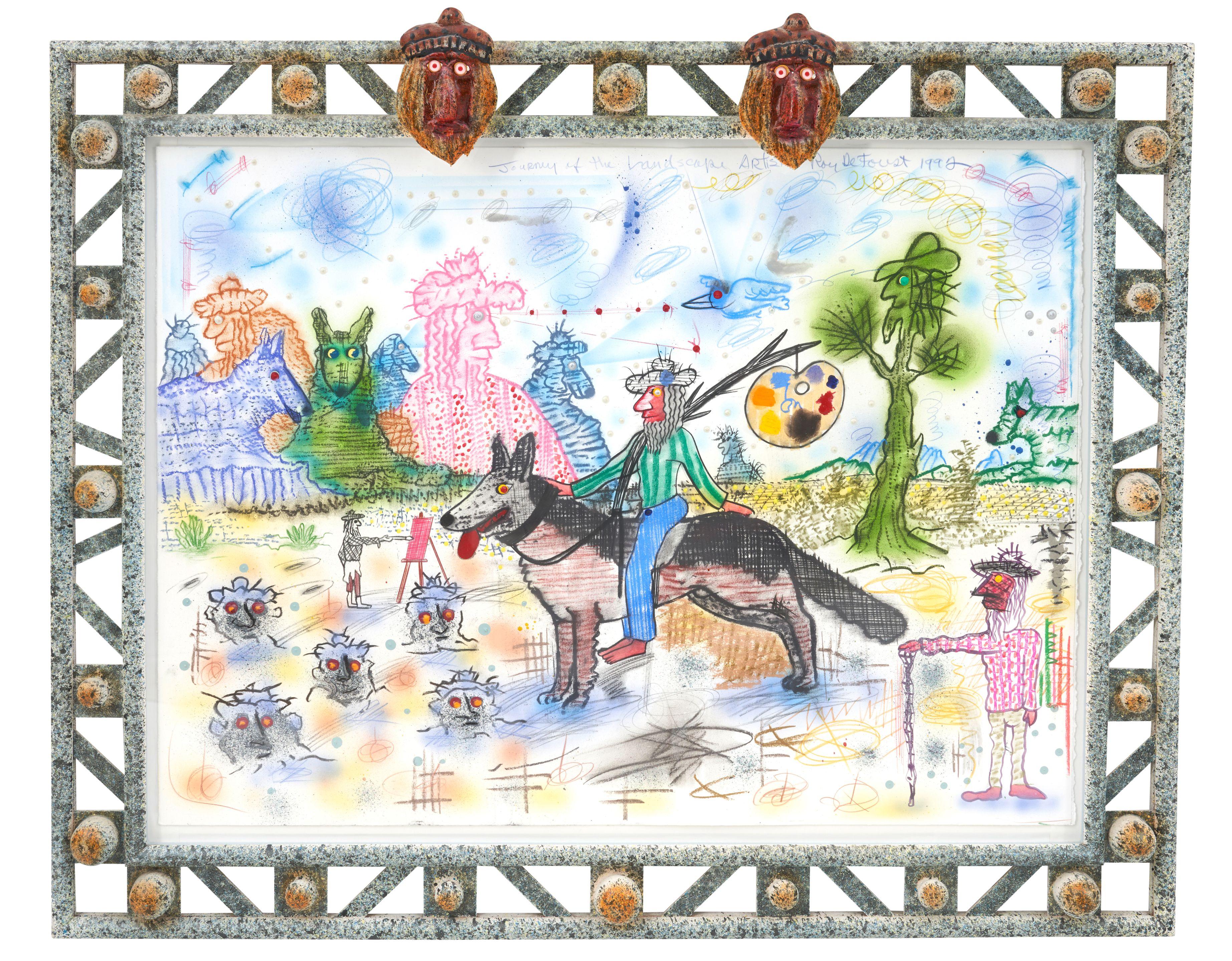 Roy De Forest - Journey of the Landscape Artists 29 x 39 1/2 in. (73.7 x 100.4 cm) in the artist\'s frame 39 1/2 x 48 x 2 1/2 in.