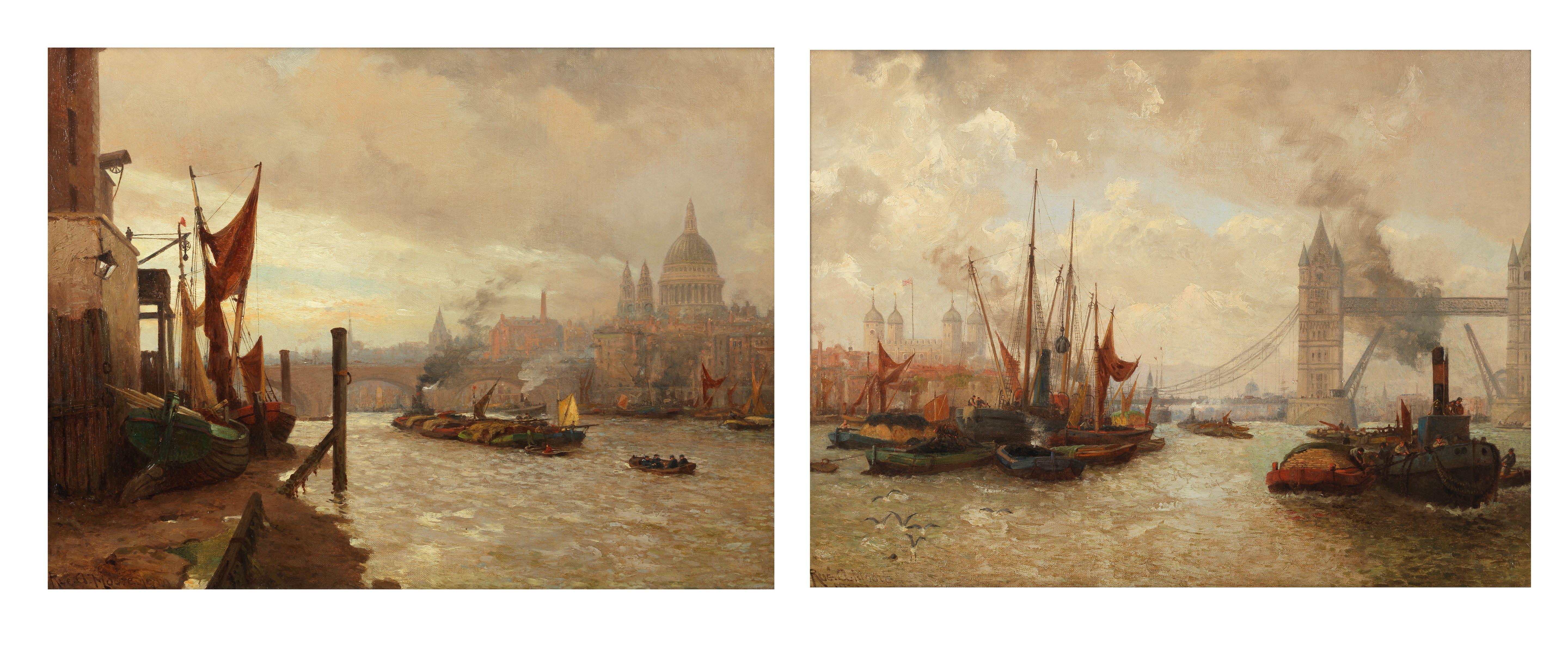 Rubens Arthur Moore - A pair of views on the Thames: One towards St Pauls and another towards Tower Bridge
