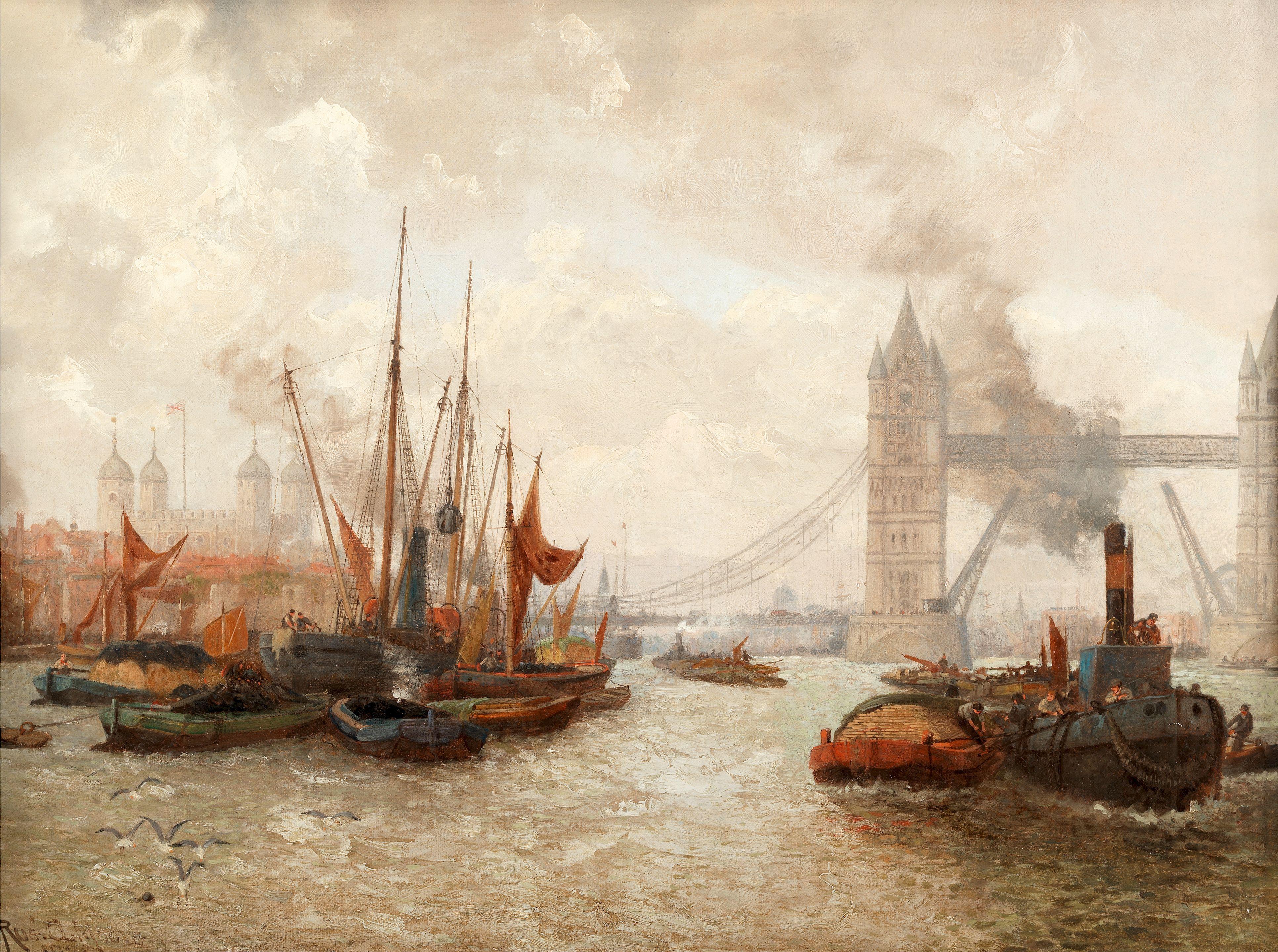 Rubens Arthur Moore - A pair of views on the Thames: One towards St Pauls and another towards Tower Bridge
