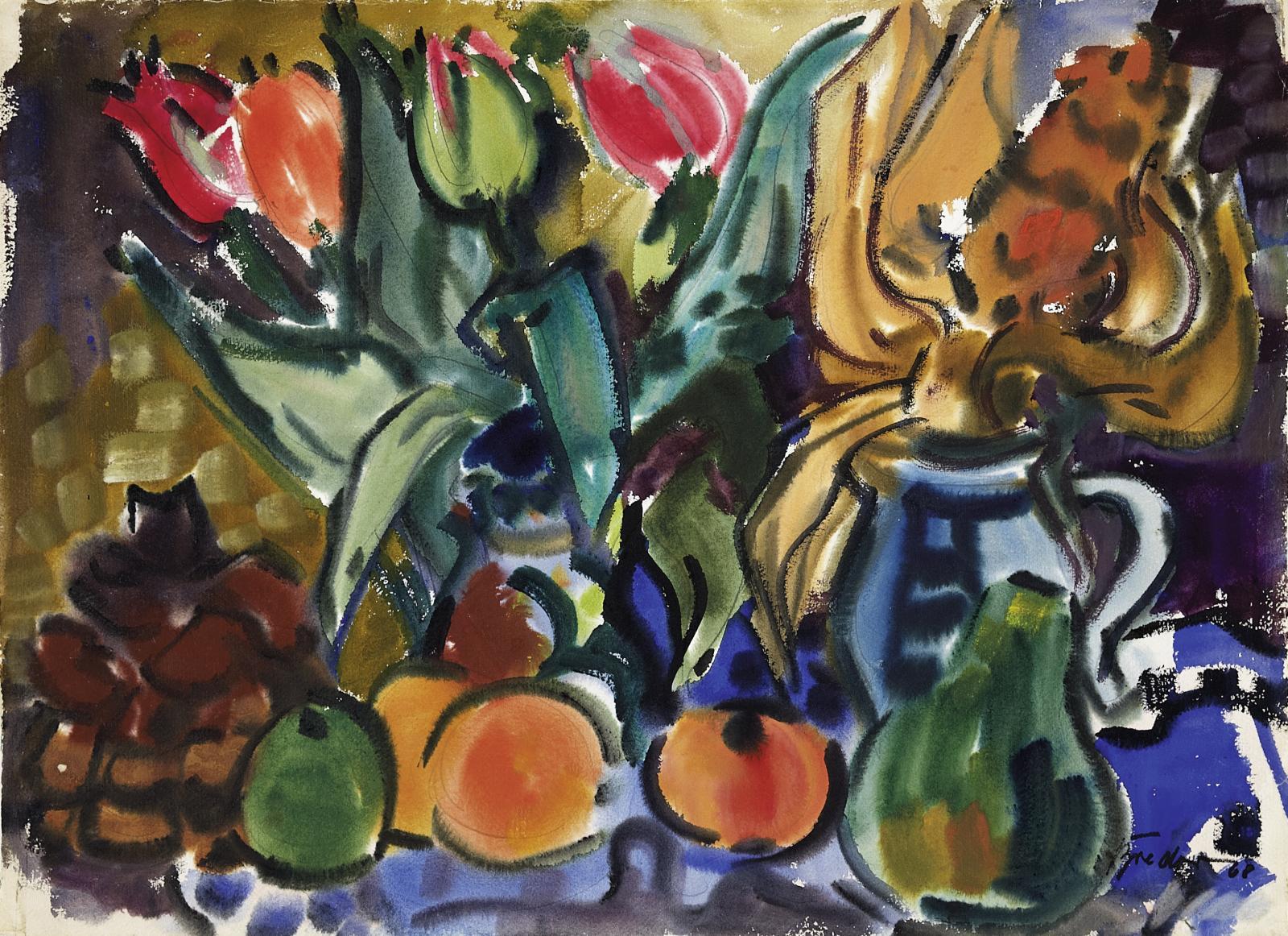 Rudolf Bredow - Stillleben mit Tulpen und Obst