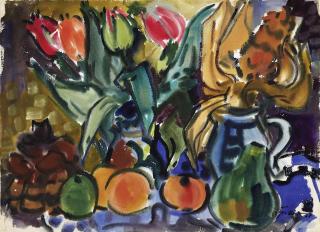 Rudolf Bredow - Stillleben mit Tulpen und Obst
