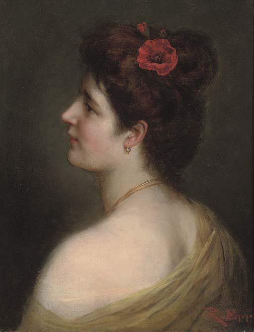 Rudolf Epp - Portrait of a lady, bust-length, with a poppy in her hair