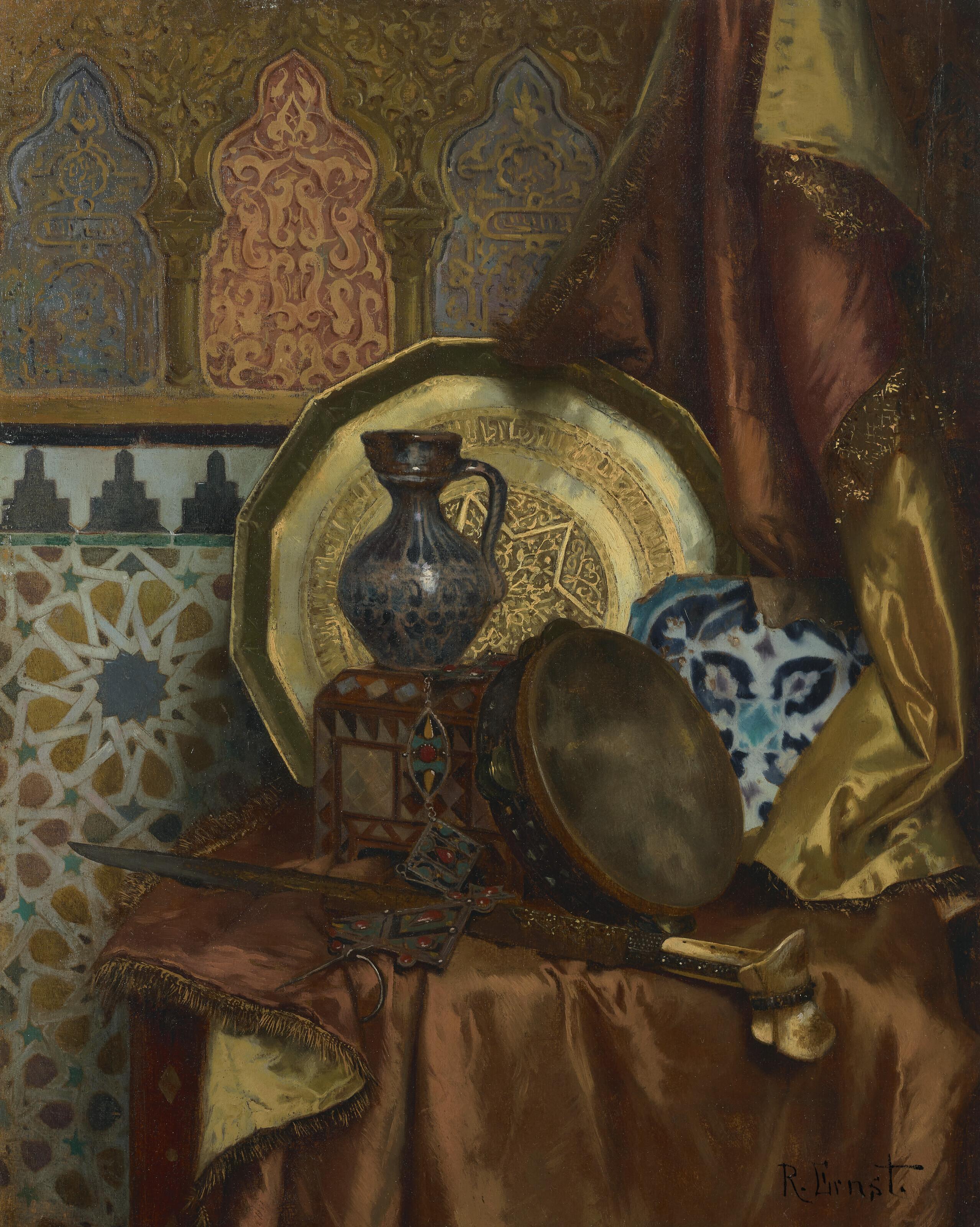 Rudolf Ernst - A Tambourine, Knife, Turkish Box, Turkish Jug, Moroccan Tile And Plate On A Satin Covered Table