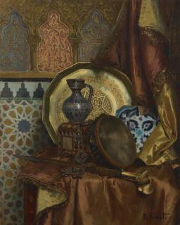 Rudolf Ernst - A Tambourine, Knife, Turkish Box, Turkish Jug, Moroccan Tile And Plate On A Satin Covered Table