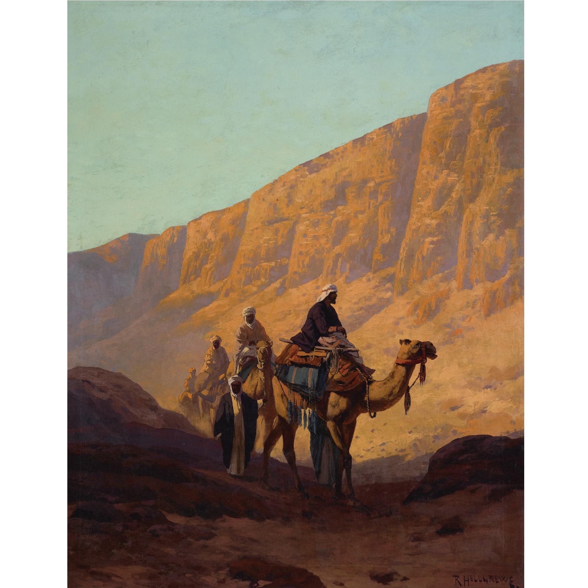 Rudolf Hellgrewe - German caravan Passing Through A Wadi