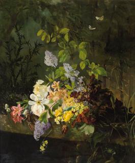 Rudolf Jahns - A still life with flowers on a ledge by a pond