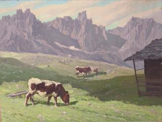 Rudolf Jelinek - Cows grazing in a mountanious landscape