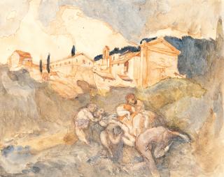 Rudolf Jettmar - Italienisches Kloster mit fliehender Menschengruppe