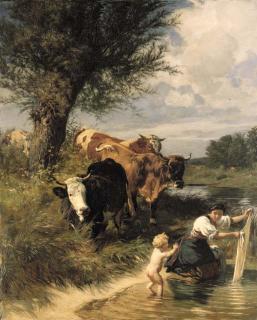 Rudolf Koller - Kühe und Wäscherin am Bach, 1865/67