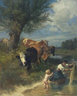 Rudolf Koller - Kühe Und Wäscherin Am Bach Cows And Washerwoman Near A Brook