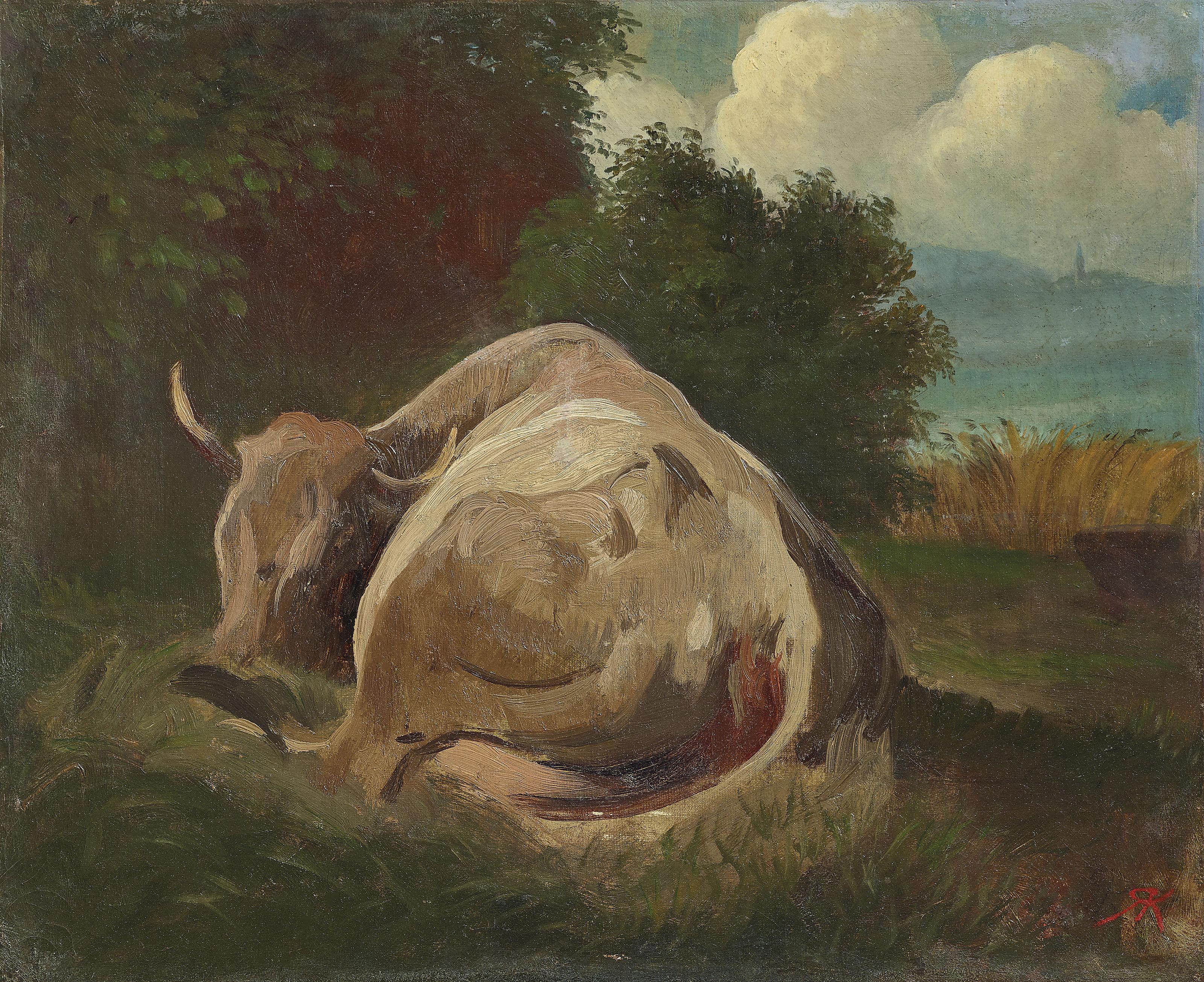 Rudolf Koller - Liegende Kuh vor Seeuferlandschaft