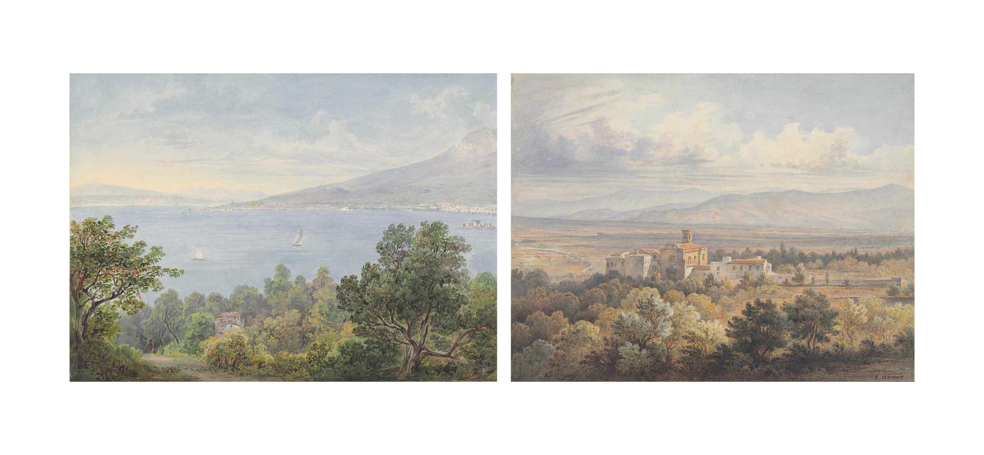 Rudolf Müller - A view of the bay of Naples with Mount Vesuvius in the background, taken from the villa Bocca Pianola in Castellammare di Stabia;  and  S. Croce, Castellammare di Stabia, drawn from the terrace of the villa Bocca Pianola