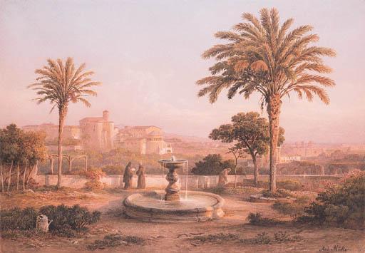 Rudolph Muller - Franciscan monks on a terrace, Assisi beyond